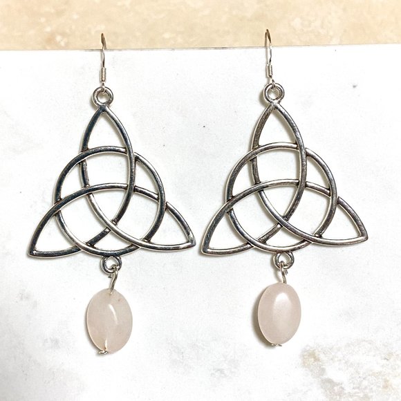 2/$20, Genuine Pink Rose Quartz Celtic Trinity Sterling Silver Earrings - Picture 2 of 9